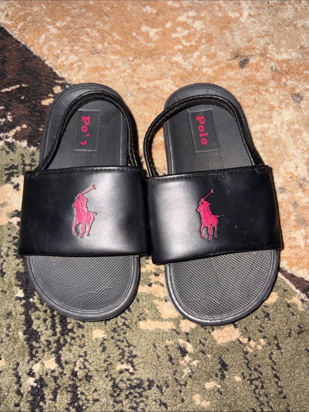 Polo by Ralph Lauren Black Kids Slide Sandals with Pink Polo Logo